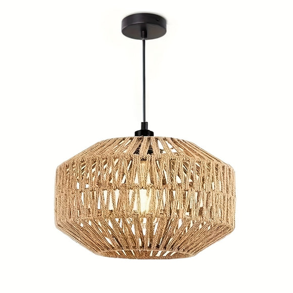Hand-Woven Boho Rattan Woven Pendant Light - 12-inch Natural Hemp Rope Chandelier