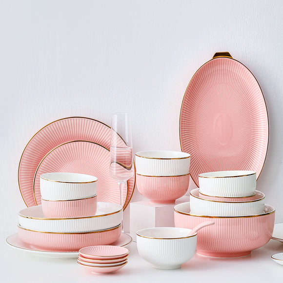 Luxury Pink Phnom Penh Ceramic Tableware Creative Embossed Western Dinner Plate Dishes Spoon Microwave Household
