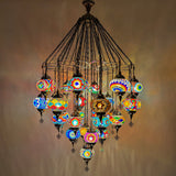 29-Light Luxury Turkish Moroccan Chandelier, Hand-Blown Mosaic Glass Pendant Ceiling Fixture, Bohemian Spiral Cascading Hanging Lamp