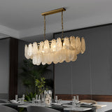 Modern Luxury Linear Capiz Shell Chandelier with Brass Finish - Tiered Teardrop Pendant Light for Dining Room and Kitchen Island