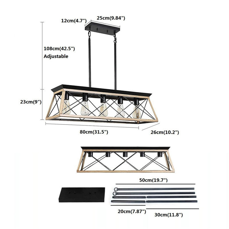 5-Light Farmhouse Kitchen Island Chandelier Rectangular Dining Room Lights Fixtures Over Table 30 Linear Rustic Wood Ceiling Pendant Hanging Lighting Pool Table Light Fixture For Restaurant - View #8