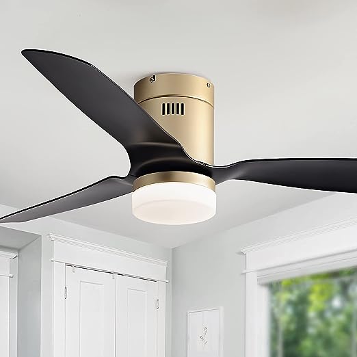 52 Inch Black Ceiling Fans with Lights and Remote, 6-speed DC Motor Reversible Noiseless, 3 ABS Blades, Low Profile Modern Flush Mount Ceiling Fan with Lights