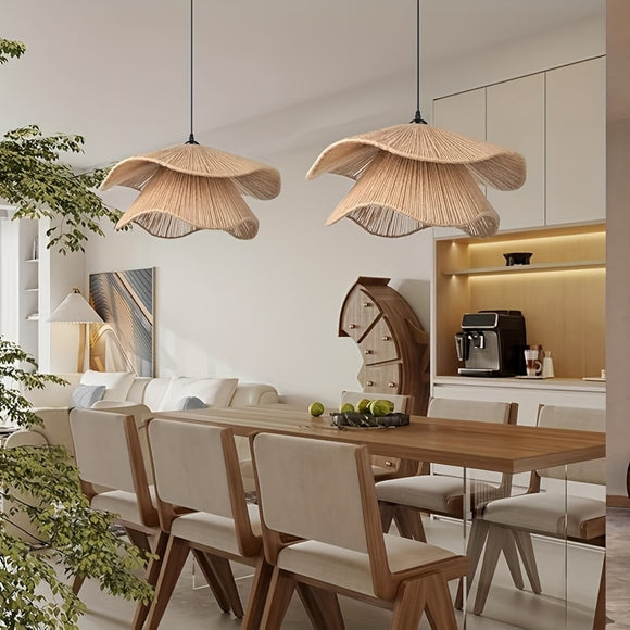 Double-Layer Wavy Rattan Pendant Light - Bohemian & Coastal Hand-Woven Seagrass Tiered Ceiling Light Fixture