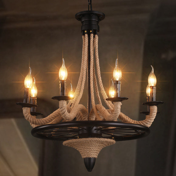 8-Lights Industrial Retro Hemp Rope Chandelier Candle Pendant Lamp Chandelier Pendant Lights