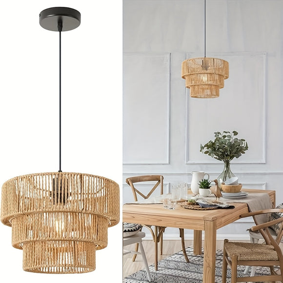 Hand-Woven Jute Rope Multi-Tiered   Contemporary Organic Design Hanging Lamp - 3-Tier