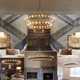 Rustic Industrial Iron Wagon Wheel Chandelier - Farmhouse Loft Vintage Black Metal Ring Pendant Light Fixture