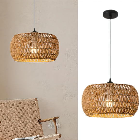 Cylindrical Woven Ceiling Fixture Round Jute Rope Hanging Lamp - Rustic & Modern