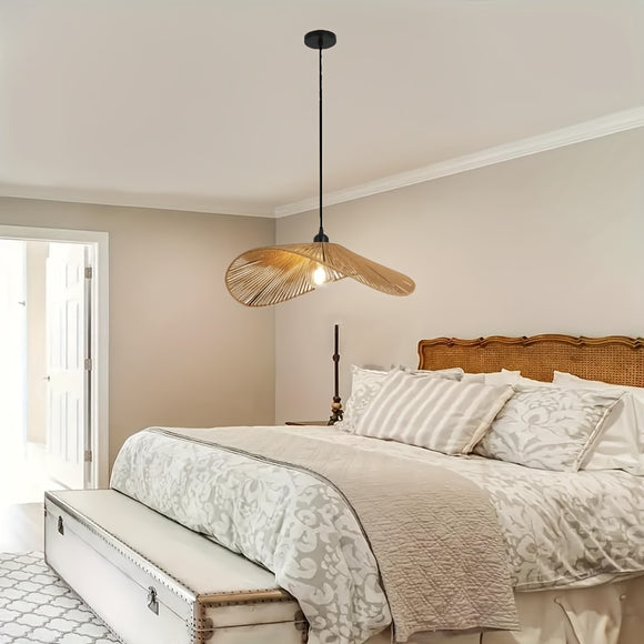 Hand-Woven Straw Hat Style Ceiling Lamp - Coastal & Eclectic Artistic Asymmetrical Rattan Pendant Chandelier