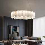 Alabaster Round Brass &amp; White Chandelier – Heavenly Glow