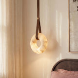 Alabaster Ring Pendant Light with Leather Strap – Integrated LED Hanging Ceiling Light