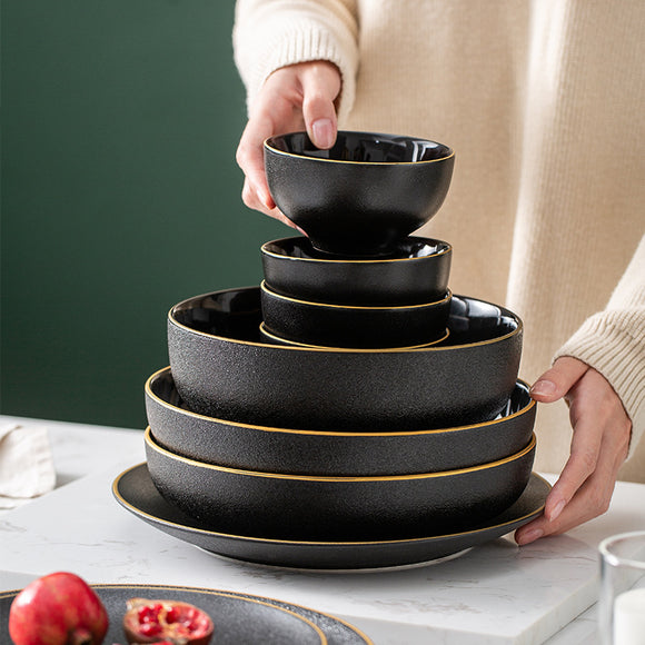 Black Matte Gold Edge Dinner Plates Set Tableware Dinnerware Set Hand-painted Printed Underglaze Ceramic Tableware