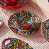 Boho Ceramic Dinner Plates Red Set  Tableware Dinnerware Set Hand-painted Printed Underglaze Ceramic Tableware