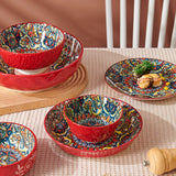 Boho Ceramic Dinner Plates Red Set  Tableware Dinnerware Set Hand-painted Printed Underglaze Ceramic Tableware