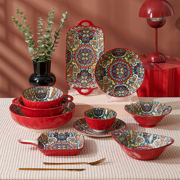 Boho Ceramic Dinner Plates Red Set  Tableware Dinnerware Set Hand-painted Printed Underglaze Ceramic Tableware