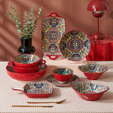 Boho Ceramic Dinner Plates Red Set  Tableware Dinnerware Set Hand-painted Printed Underglaze Ceramic Tableware