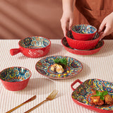Boho Ceramic Dinner Plates Red Set  Tableware Dinnerware Set Hand-painted Printed Underglaze Ceramic Tableware