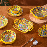 Boho Ceramic Dinner Plates Yellow Set  Tableware Dinnerware Set Hand-painted Printed Underglaze Ceramic Tableware