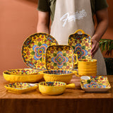 Boho Ceramic Dinner Plates Yellow Set  Tableware Dinnerware Set Hand-painted Printed Underglaze Ceramic Tableware