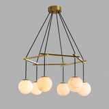 Brass &amp; White Alabaster Chandelier – Retro Inspired Ceiling Light