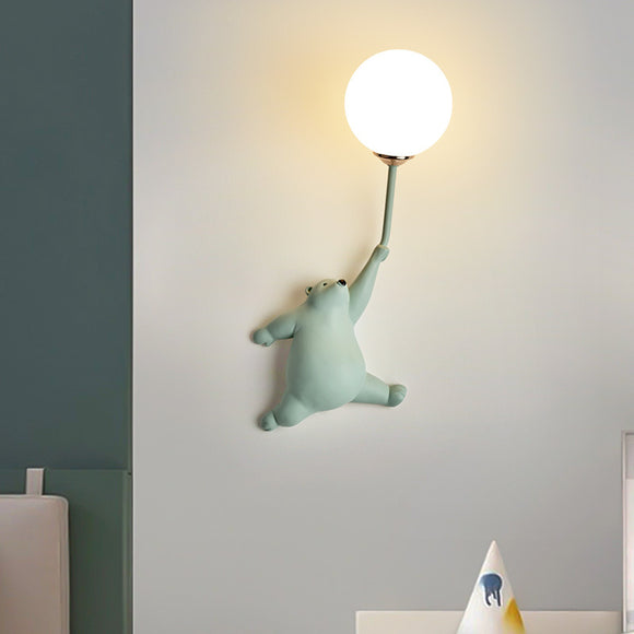 Cute Cartoon Bear Wall Lamp Set - Nursery LED Sconce with Bubble Globe Shade - Colorful Modern Kids Bedroom Lighting
