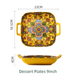 Boho Ceramic Dinner Plates Yellow Set  Tableware Dinnerware Set Hand-painted Printed Underglaze Ceramic Tableware