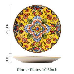 Boho Ceramic Dinner Plates Yellow Set  Tableware Dinnerware Set Hand-painted Printed Underglaze Ceramic Tableware