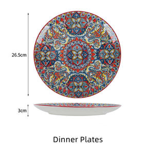 Boho Ceramic Dinner Plates Red Set  Tableware Dinnerware Set Hand-painted Printed Underglaze Ceramic Tableware