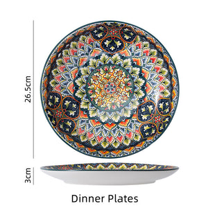 Boho Ceramic Dinner Plates Bule Set Tableware Dinnerware Set Hand-painted Printed Underglaze Ceramic Tableware