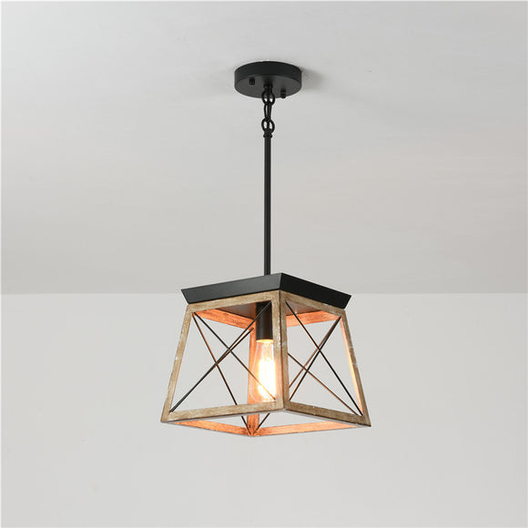 Farmhouse Pendant Light Metal Cage With Wooden Finish Rustic Lantern Chandelier