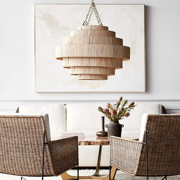Hand-Woven Abaca Rope Tiered Chandelier  Natural Fiber Boho Pendant Light
