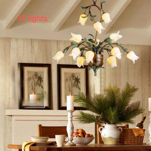 15/21 Lights Retro Iron Gold Tulip Glaze Shade Chandeliers G4 LED - heparts