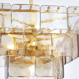 Luxe Art Deco Geometric Hand-Blown Rippled Gold Leaf Glass Panel Chandelier in Satin Brass