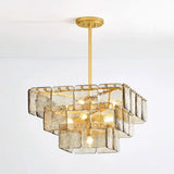 Luxe Art Deco Geometric Hand-Blown Rippled Gold Leaf Glass Panel Chandelier in Satin Brass