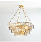 Luxe Art Deco Geometric Hand-Blown Rippled Gold Leaf Glass Panel Chandelier in Satin Brass