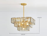 Luxe Art Deco Geometric Hand-Blown Rippled Gold Leaf Glass Panel Chandelier in Satin Brass