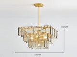 Luxe Art Deco Geometric Hand-Blown Rippled Gold Leaf Glass Panel Chandelier in Satin Brass