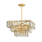 Luxe Art Deco Geometric Hand-Blown Rippled Gold Leaf Glass Panel Chandelier in Satin Brass