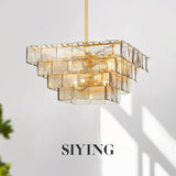 Luxe Art Deco Geometric Hand-Blown Rippled Gold Leaf Glass Panel Chandelier in Satin Brass