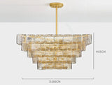 Luxe Art Deco Geometric Hand-Blown Rippled Gold Leaf Glass Panel Chandelier in Satin Brass