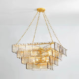 Luxe Art Deco Geometric Hand-Blown Rippled Gold Leaf Glass Panel Chandelier in Satin Brass