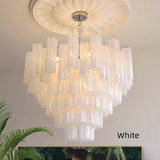 Mid-Century Modern Murano-Style Tiered Textured Glass Chandelier - Pastel Multi-Layer Cascading Pendant Light