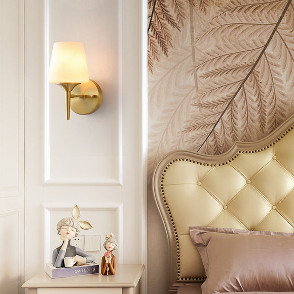 Modern Brass & Frosted Glass Wall Sconce - Mid-Century Cone Shade Light