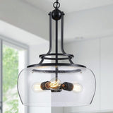Modern Farmhouse Foyer Pendant - Cage Frame with Large Clear Seeded Glass Bowl and Edison Bulbs
