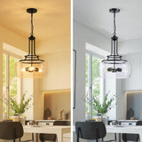 Modern Farmhouse Foyer Pendant - Cage Frame with Large Clear Seeded Glass Bowl and Edison Bulbs
