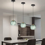 Modern Glass Pendant Lights Chandelier Green Pumpkin Ribbed Glass Shade Adjustable Cord Ceiling