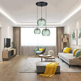 Modern Glass Pendant Lights Chandelier Green Pumpkin Ribbed Glass Shade Adjustable Cord Ceiling