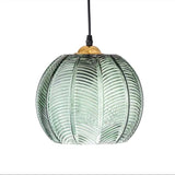 Modern Glass Pendant Lights Chandelier Green Pumpkin Ribbed Glass Shade Adjustable Cord Ceiling