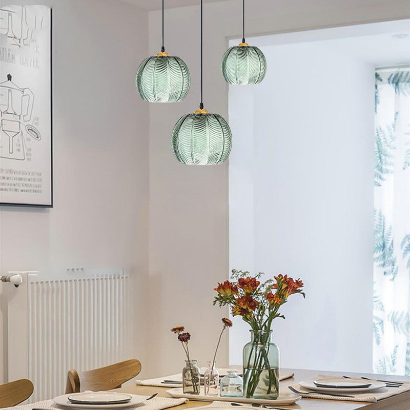 Modern Glass Pendant Lights Chandelier Green Pumpkin Ribbed Glass Shade Adjustable Cord Ceiling heparts