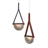 Modern Leather & Glass Bowl Pendant Light  Minimalist Hanging Lamp Chandelier