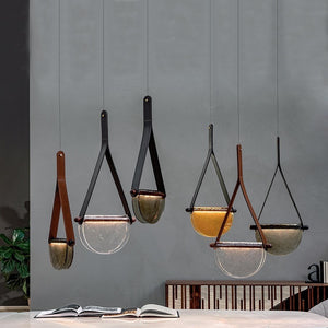 Modern Leather & Glass Bowl Pendant Light  Minimalist Hanging Lamp Chandelier